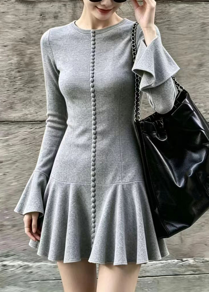 Slim Fit Grey O-Neck Mini Dress Flare Sleeve