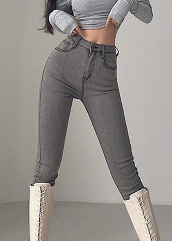 Slim Fit Grey Pockets High Waist Jeans Spring