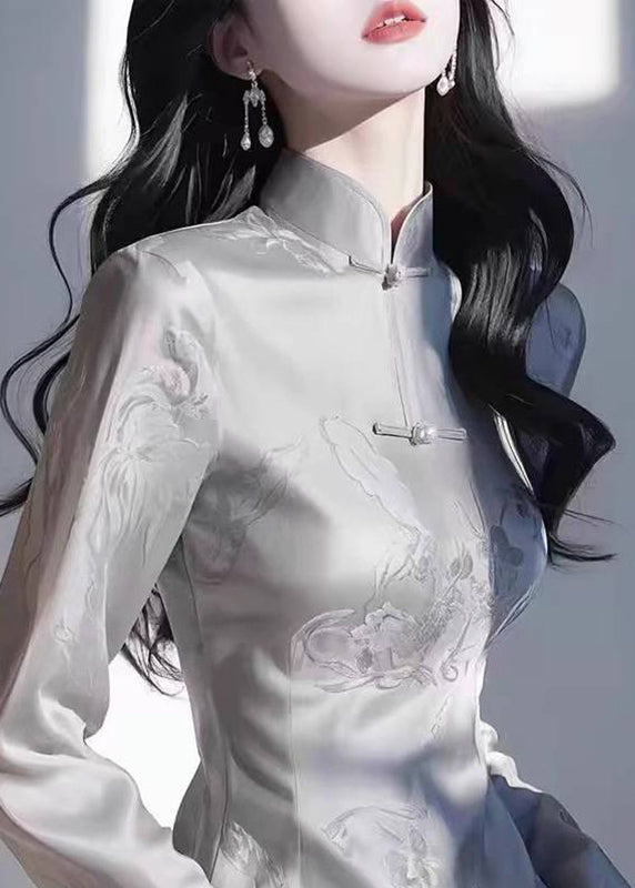 Slim Fit Grey Stand Collar Print Tops Fall