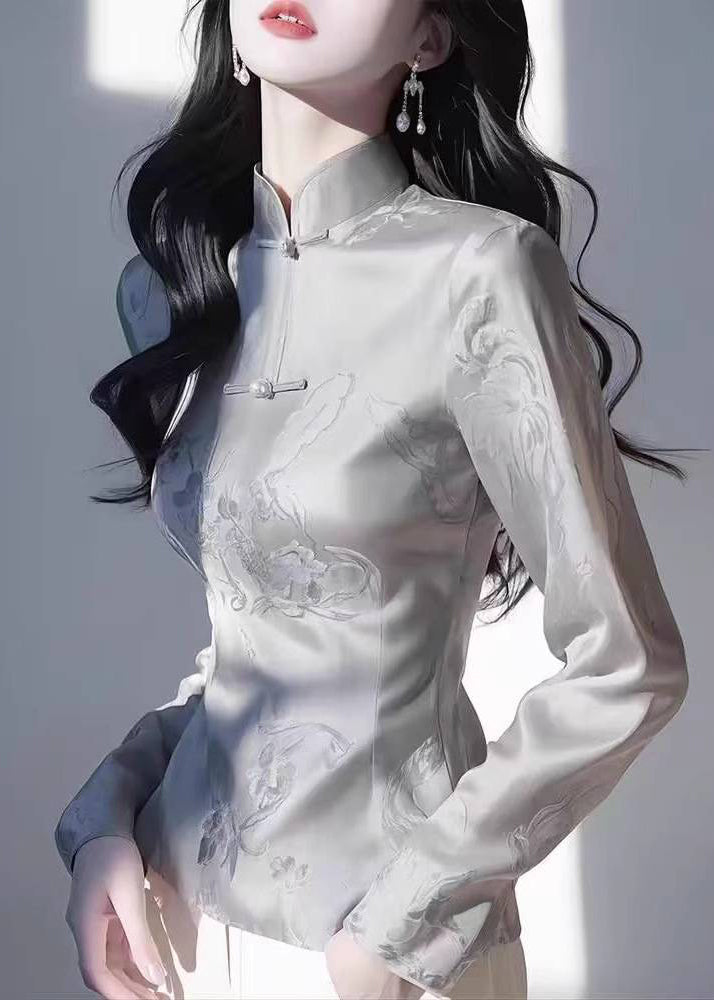 Slim Fit Grey Stand Collar Print Tops Fall