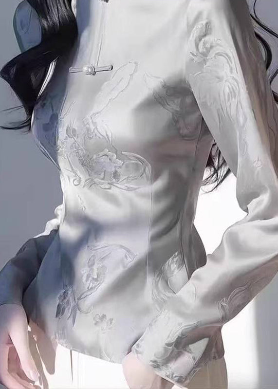 Slim Fit Grey Stand Collar Print Tops Fall