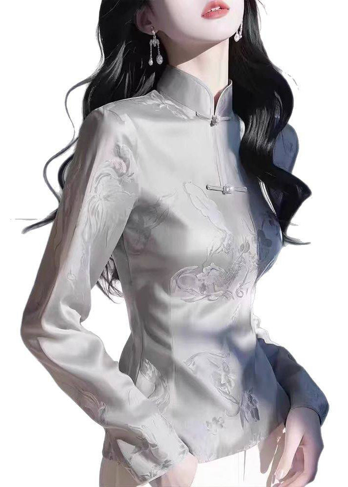 Slim Fit Grey Stand Collar Print Tops Fall