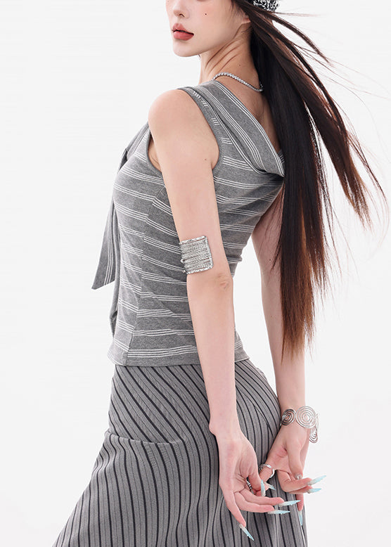 Slim Fit Grey Striped Lace Up Cotton Tank Sleeveless