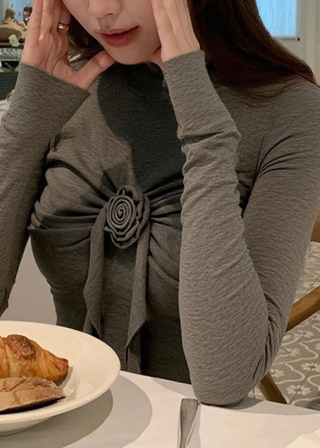 Slim Fit Grey Turtleneck Floral Cotton T Shirts Winter