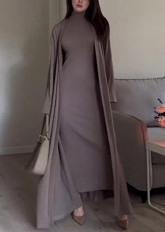 Slim Fit Grey Turtleneck Solid Cardigans And Long Dress Two Piece Set Fall