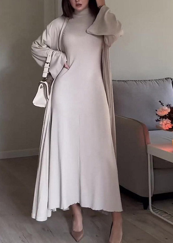 Slim Fit Grey Turtleneck Solid Cardigans And Long Dress Two Piece Set Fall