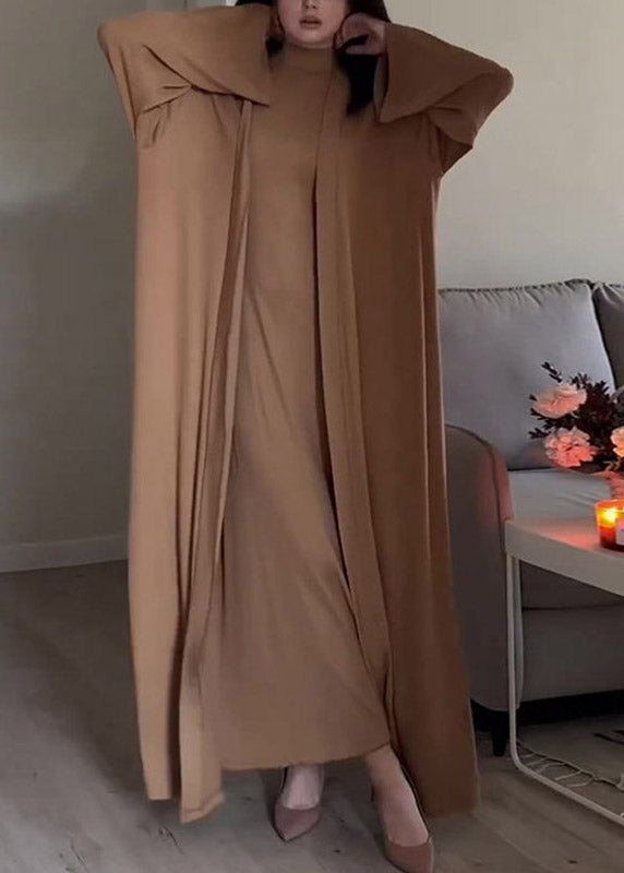 Slim Fit Grey Turtleneck Solid Cardigans And Long Dress Two Piece Set Fall
