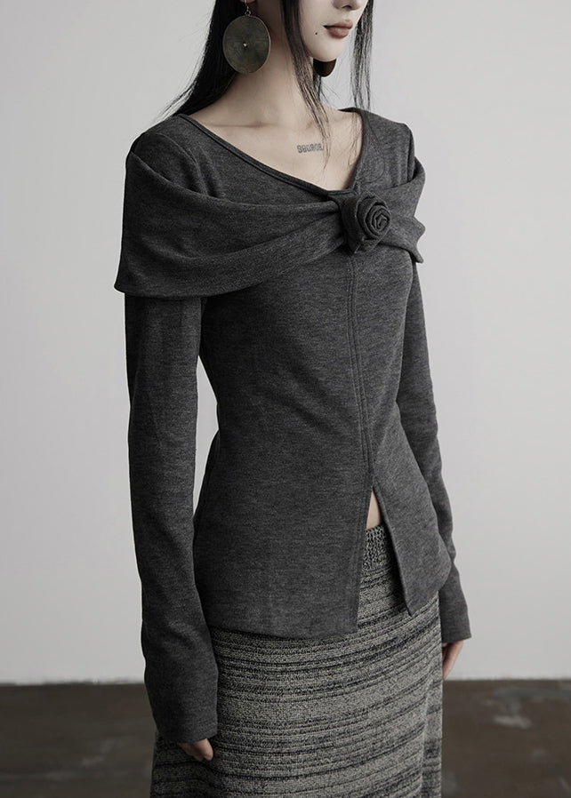 Slim Fit Grey V Neck Floral Cotton T Shirts Tops Fall