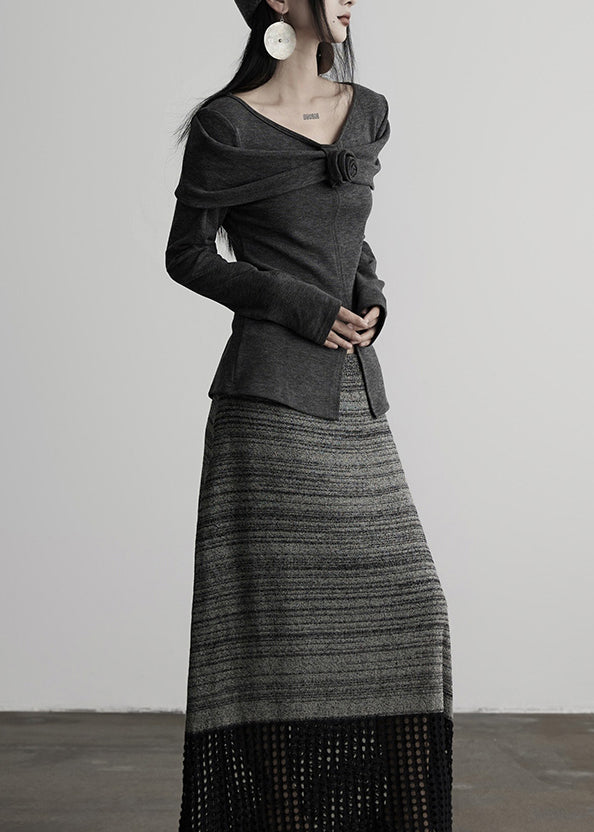 Slim Fit Grey V Neck Floral Cotton T Shirts Tops Fall