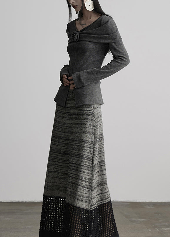 Slim Fit Grey V Neck Floral Cotton T Shirts Tops Fall