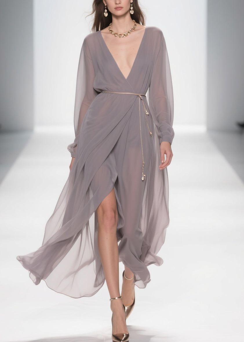 Slim Fit Grey V Neck Side Open Chiffon Long Dress
