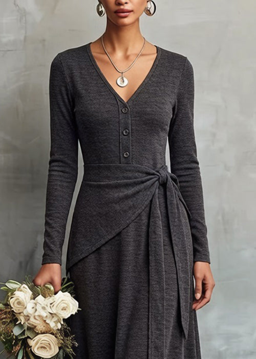 Slim Fit Grey V Neck Tie Waist False Two Pieces Knitting Cotton Dress Spring - Omychic