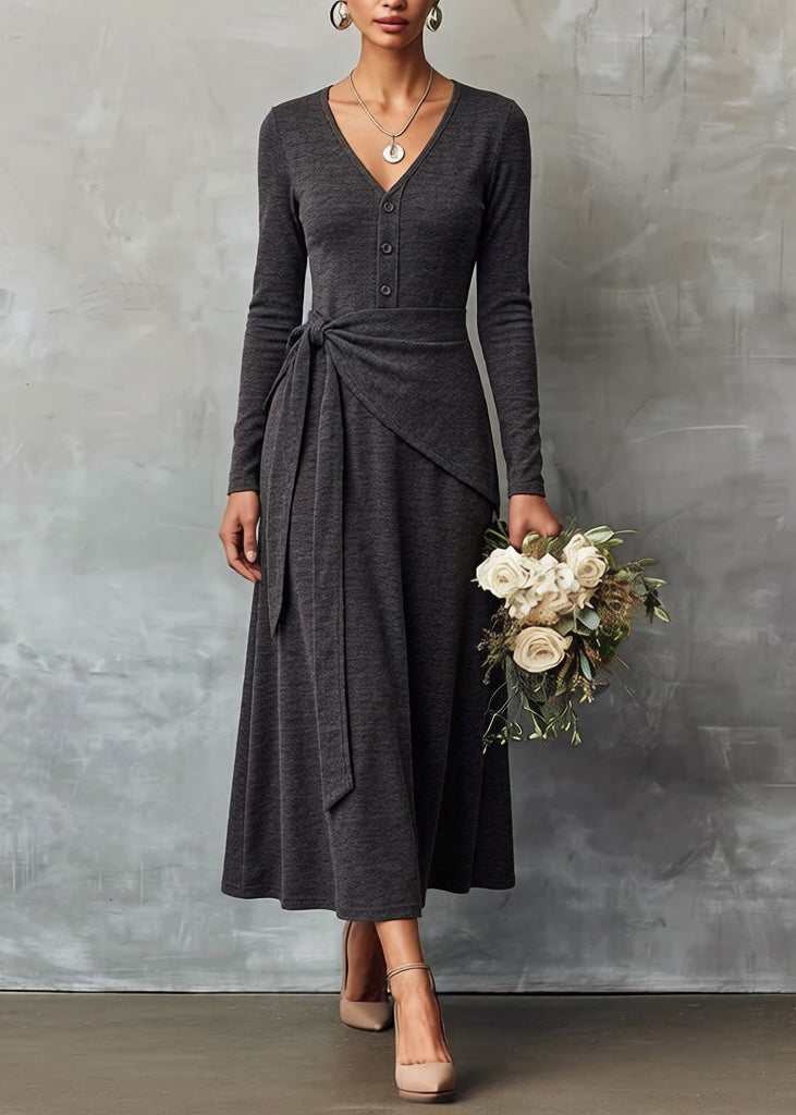 Slim Fit Grey V Neck Tie Waist False Two Pieces Knitting Cotton Dress Spring - Omychic