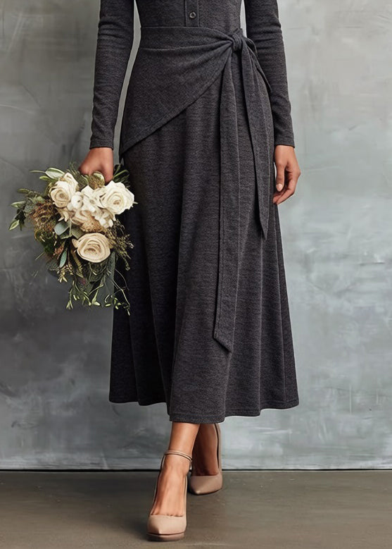 Slim Fit Grey V Neck Tie Waist False Two Pieces Knitting Cotton Dress Spring - Omychic