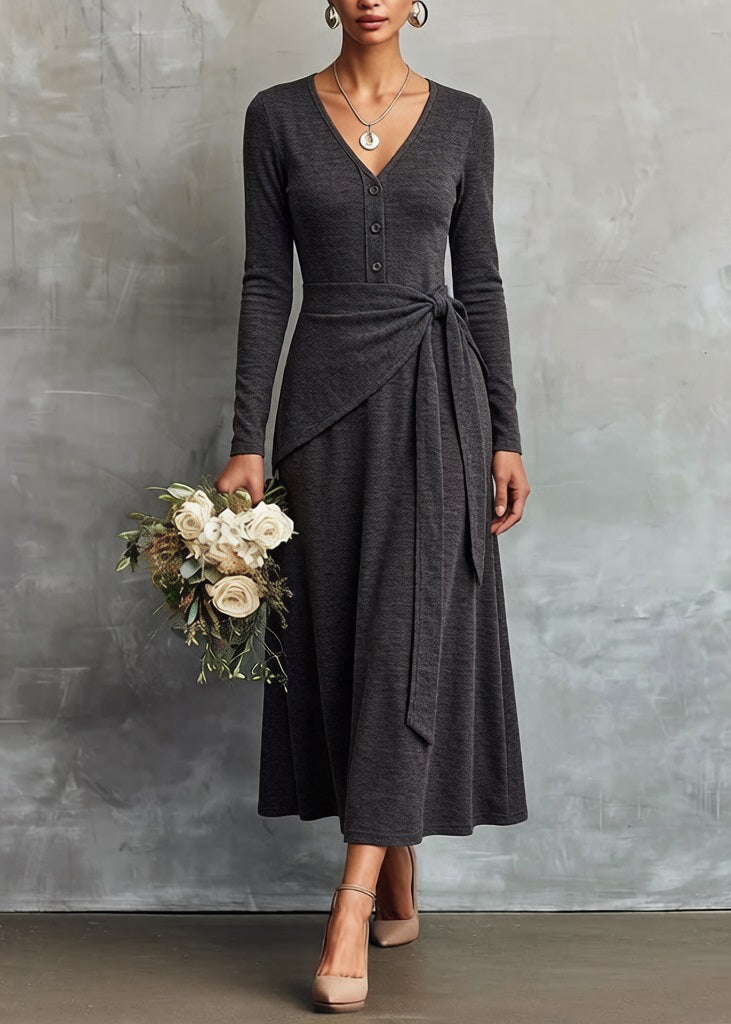 Slim Fit Grey V Neck Tie Waist False Two Pieces Knitting Cotton Dress Spring - Omychic
