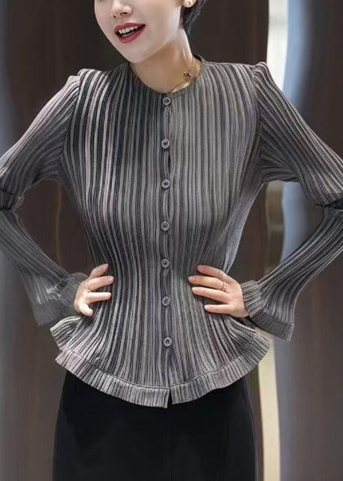 Slim Fit Grey Wrinkled Button Solid Cotton Blouses Fall