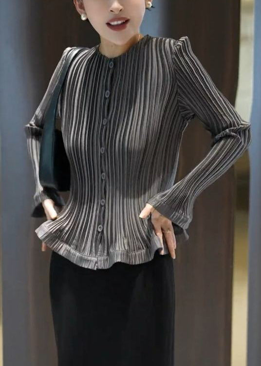 Slim Fit Grey Wrinkled Button Solid Cotton Blouses Fall