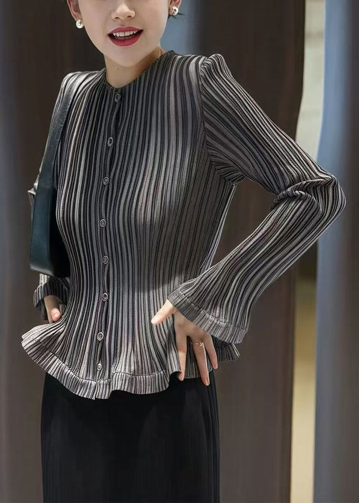 Slim Fit Grey Wrinkled Button Solid Cotton Blouses Fall