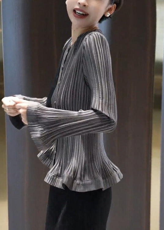 Slim Fit Grey Wrinkled Button Solid Cotton Blouses Fall