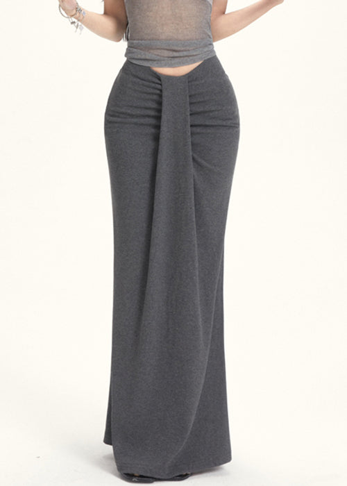 Slim Fit Grey Wrinkled High Waist Cotton Skirt Summer