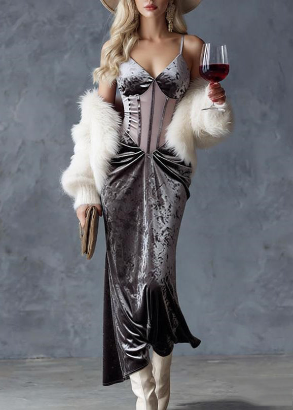 Slim Fit Grey Wrinkled Tulle Patchwork Spaghetti Strap Dress Sleeveless