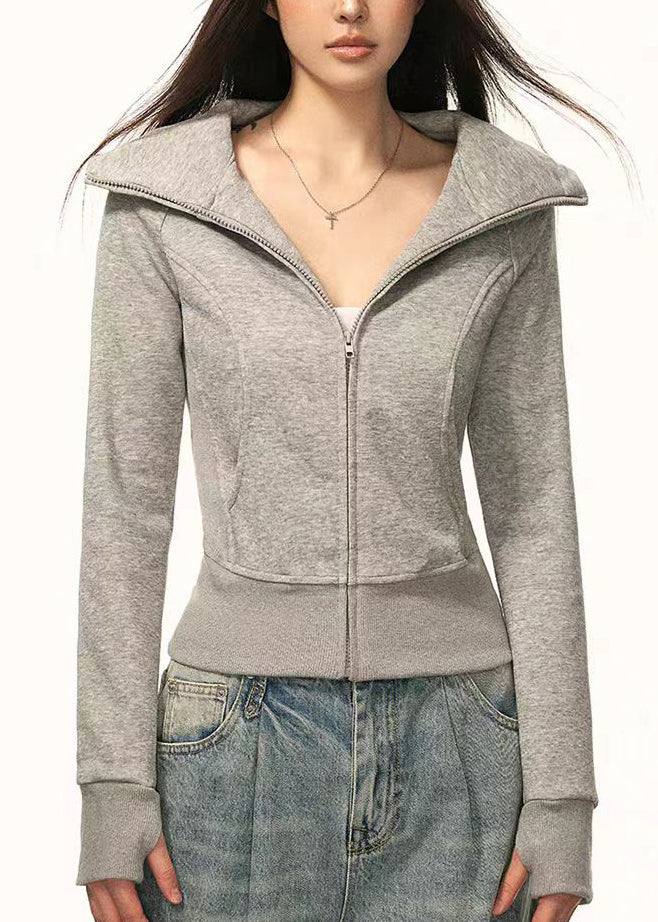 Slim Fit Grey Zip Up Pockets Cotton Hooded Coat Fall