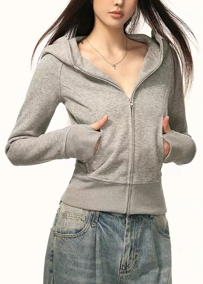 Slim Fit Grey Zip Up Pockets Cotton Hooded Coat Fall