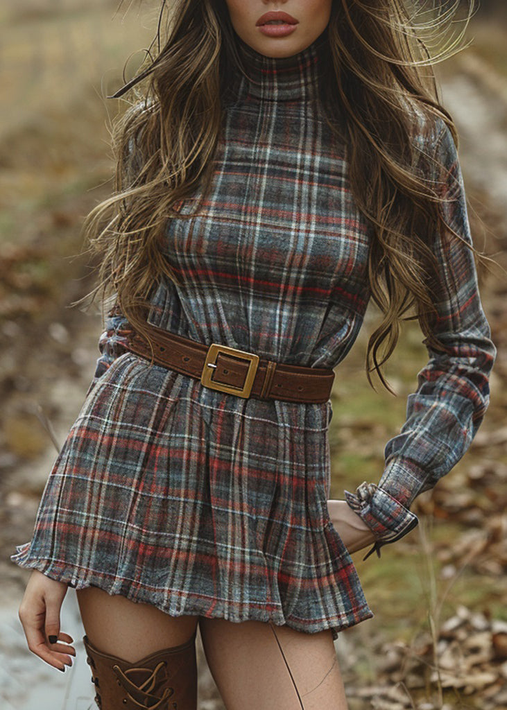 Slim Fit Hign Neck Plaid Cotton Mini Dress Long Sleeve