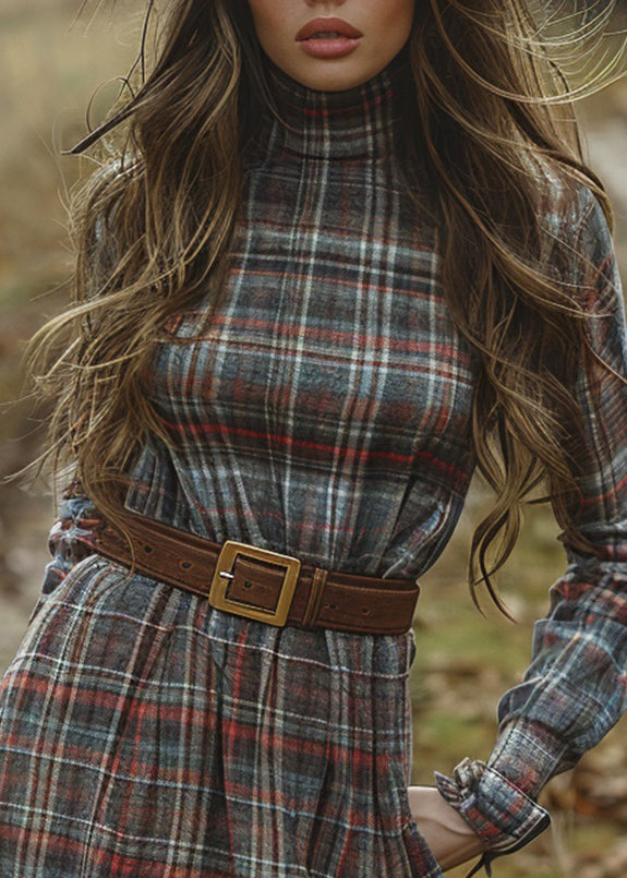 Slim Fit Hign Neck Plaid Cotton Mini Dress Long Sleeve