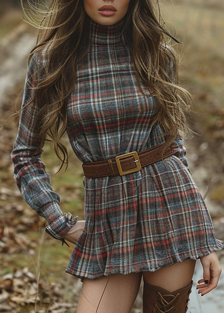 Slim Fit Hign Neck Plaid Cotton Mini Dress Long Sleeve