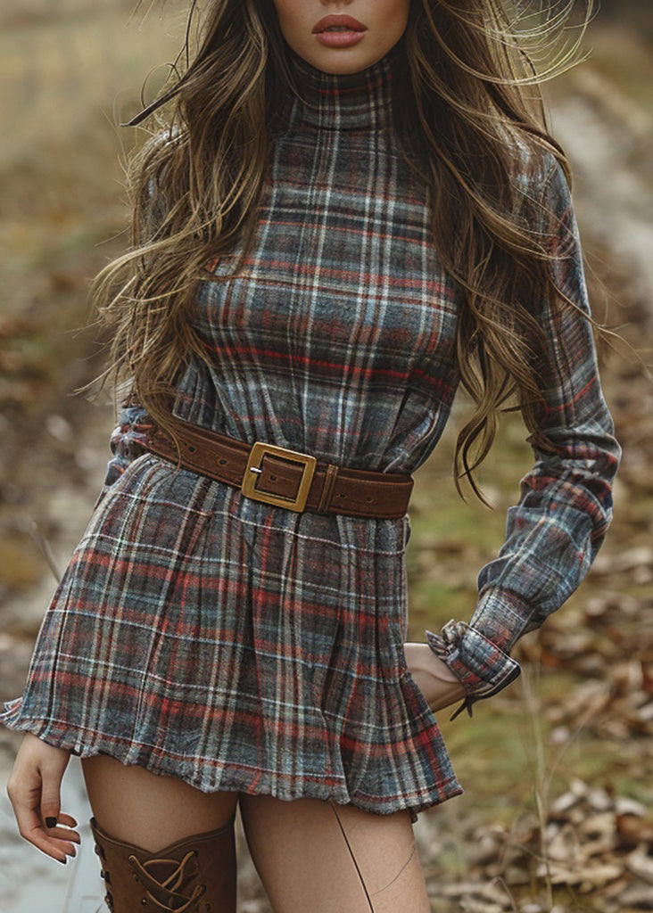Slim Fit Hign Neck Plaid Cotton Mini Dress Long Sleeve