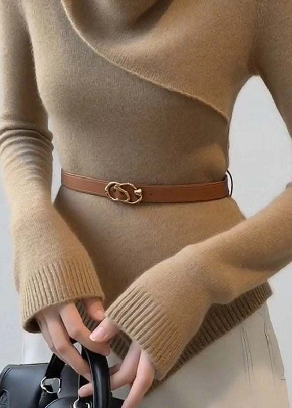 Slim Fit Khaki Draped Neckline Cotton Knit Sweater Fall
