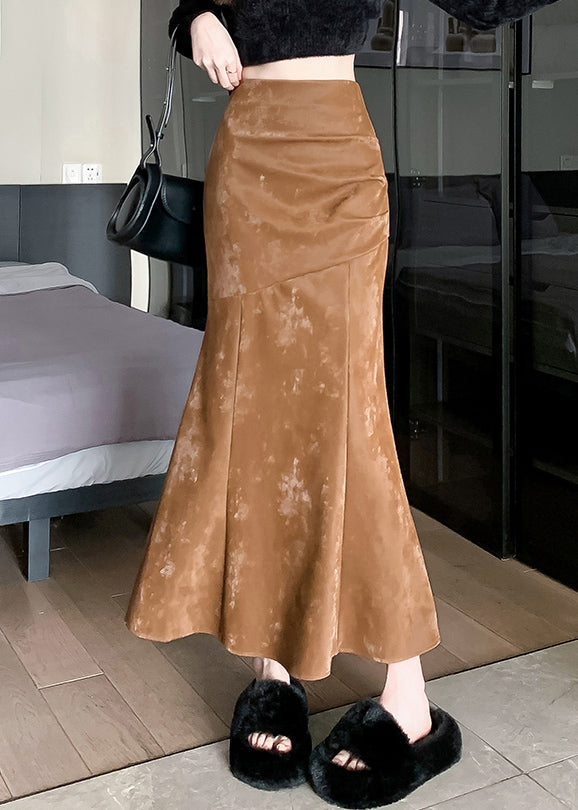 Slim Fit Khaki Zip Up High Waist Silk Velvet Skirts Spring