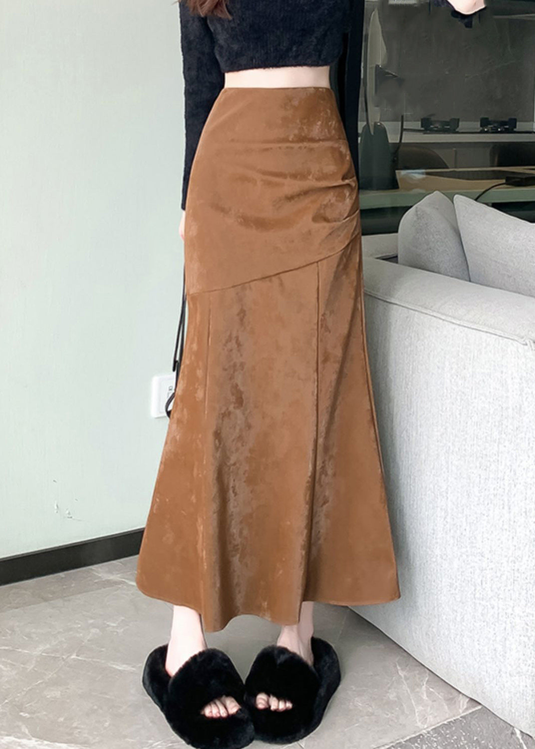 Slim Fit Khaki Zip Up High Waist Silk Velvet Skirts Spring