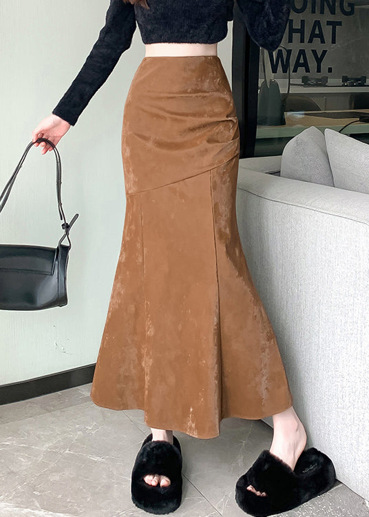 Slim Fit Khaki Zip Up High Waist Silk Velvet Skirts Spring