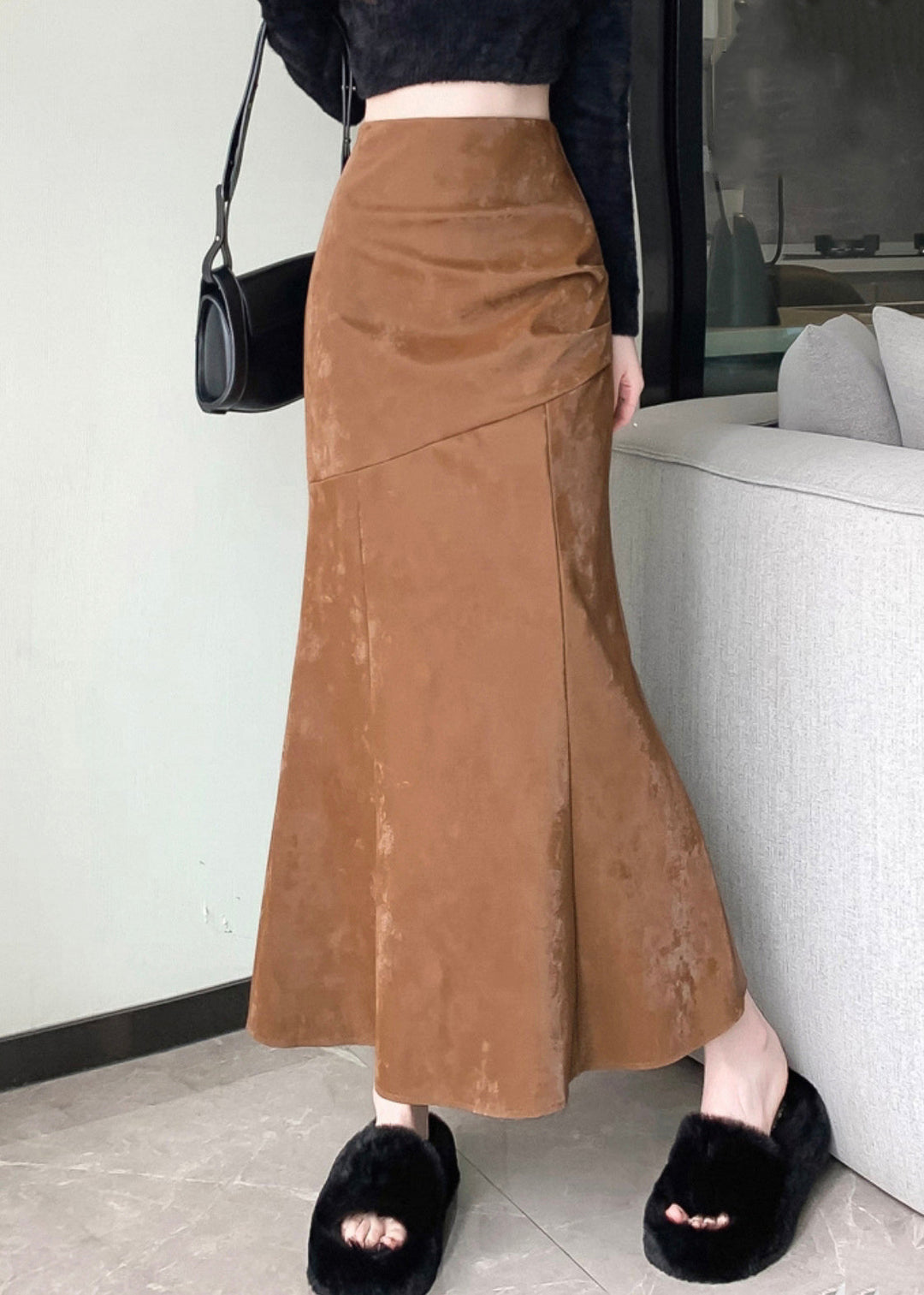 Slim Fit Khaki Zip Up High Waist Silk Velvet Skirts Spring