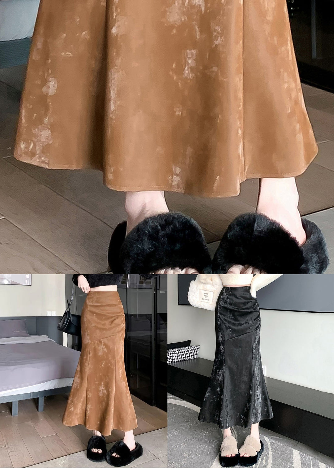 Slim Fit Khaki Zip Up High Waist Silk Velvet Skirts Spring