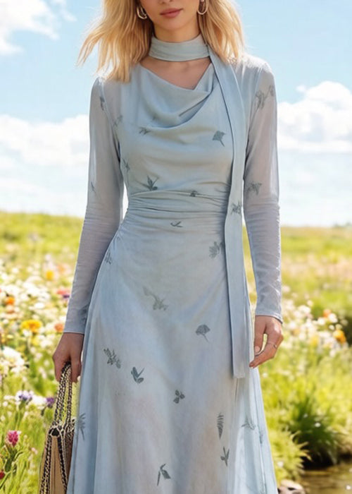 Slim Fit Light Blue Bow Print Cinched Tulle Long Dress Spring - Omychic