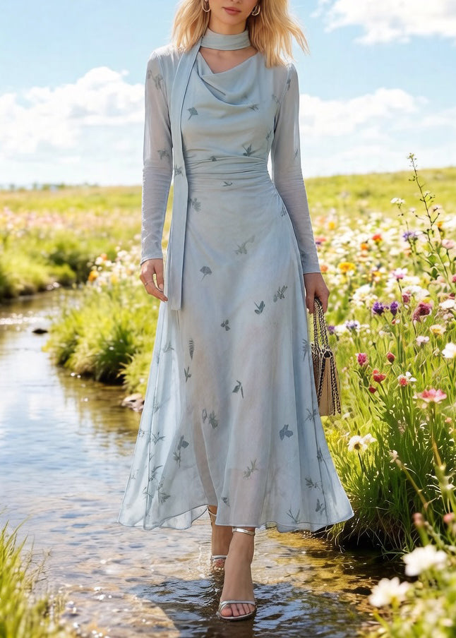 Slim Fit Light Blue Bow Print Cinched Tulle Long Dress Spring - Omychic