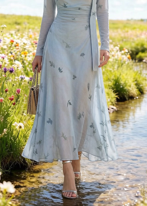 Slim Fit Light Blue Bow Print Cinched Tulle Long Dress Spring - Omychic