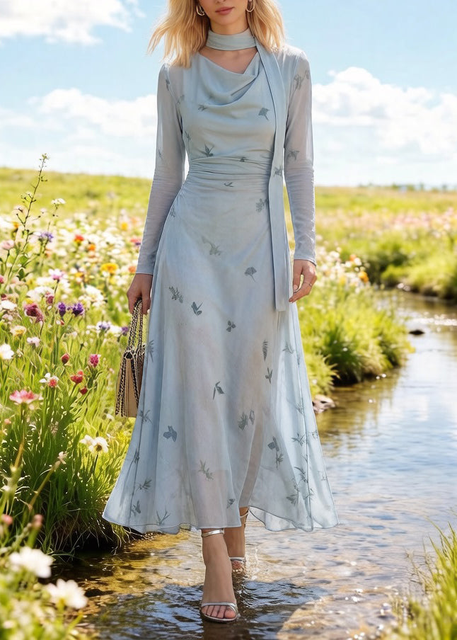 Slim Fit Light Blue Bow Print Cinched Tulle Long Dress Spring - Omychic