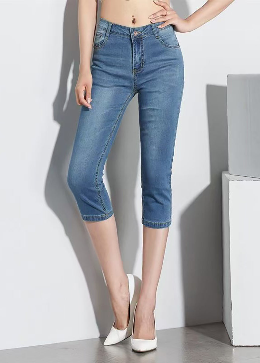 Slim Fit Light Blue High Waist Denim Capri Pants Summer