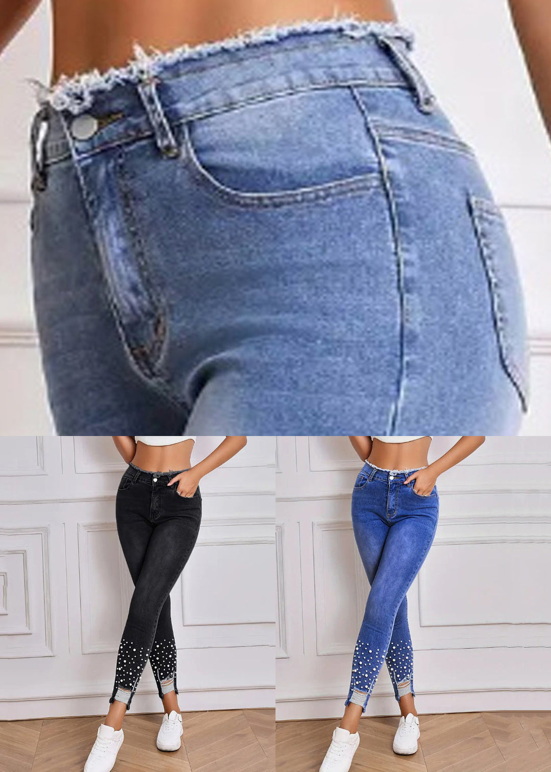 Slim Fit Light Blue Pockets Pearl Denim Pants Summer