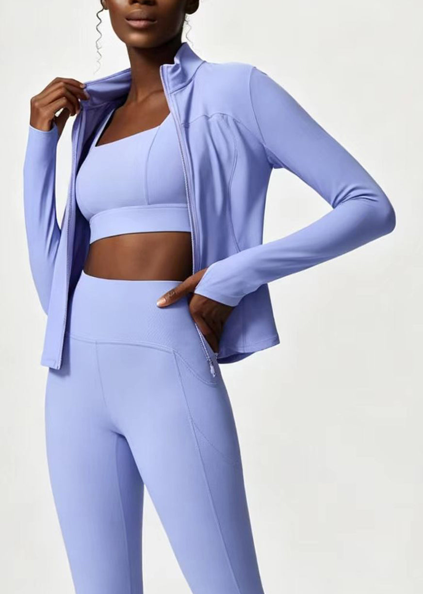 Slim Fit Light Blue Stand Collar Zip Up Patchwork Long Sleeve Athletic Yoga Top Coat