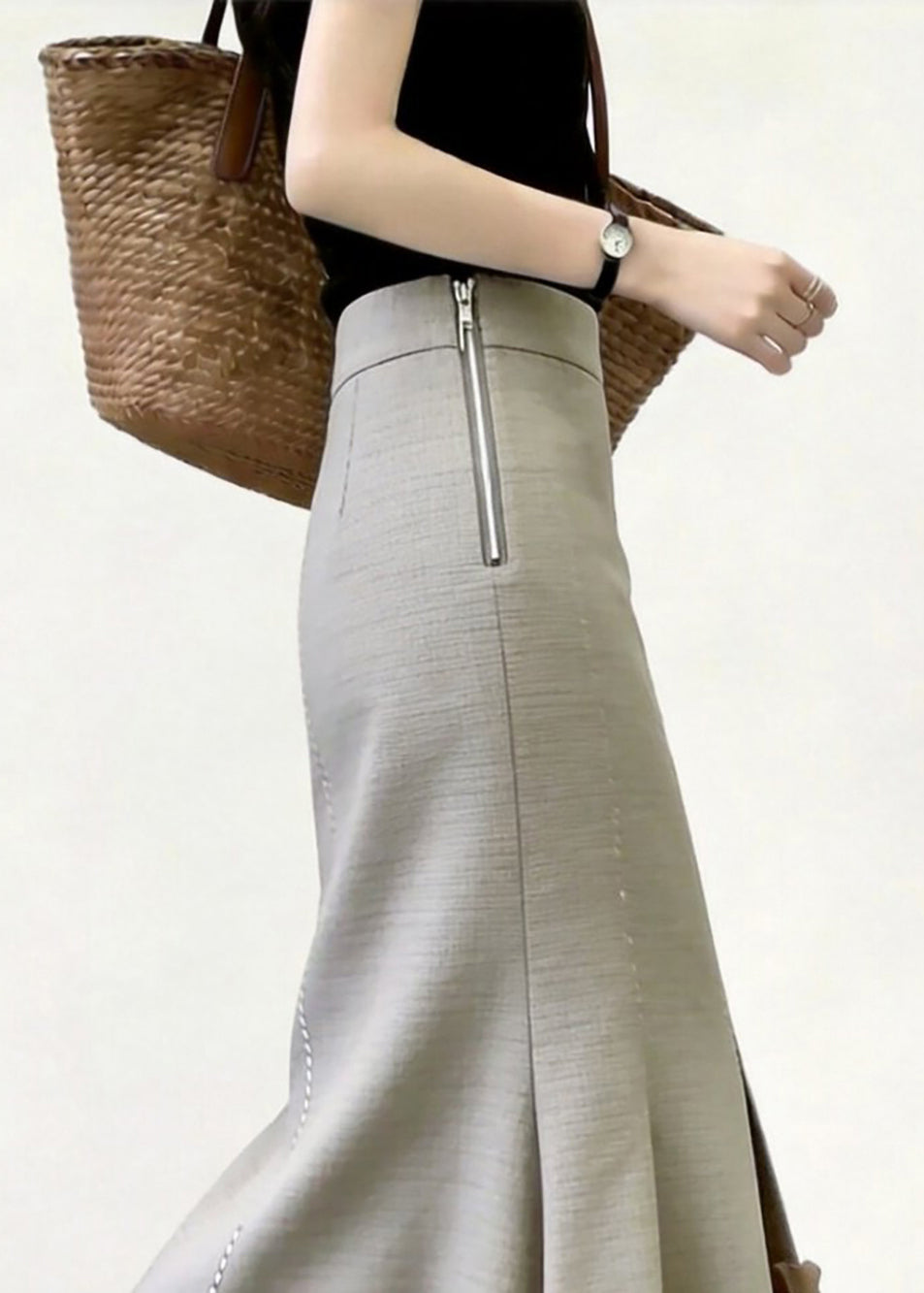 Slim Fit Light Grey Ruffled Side Zipper High Waist Mermaid Skirts Fall