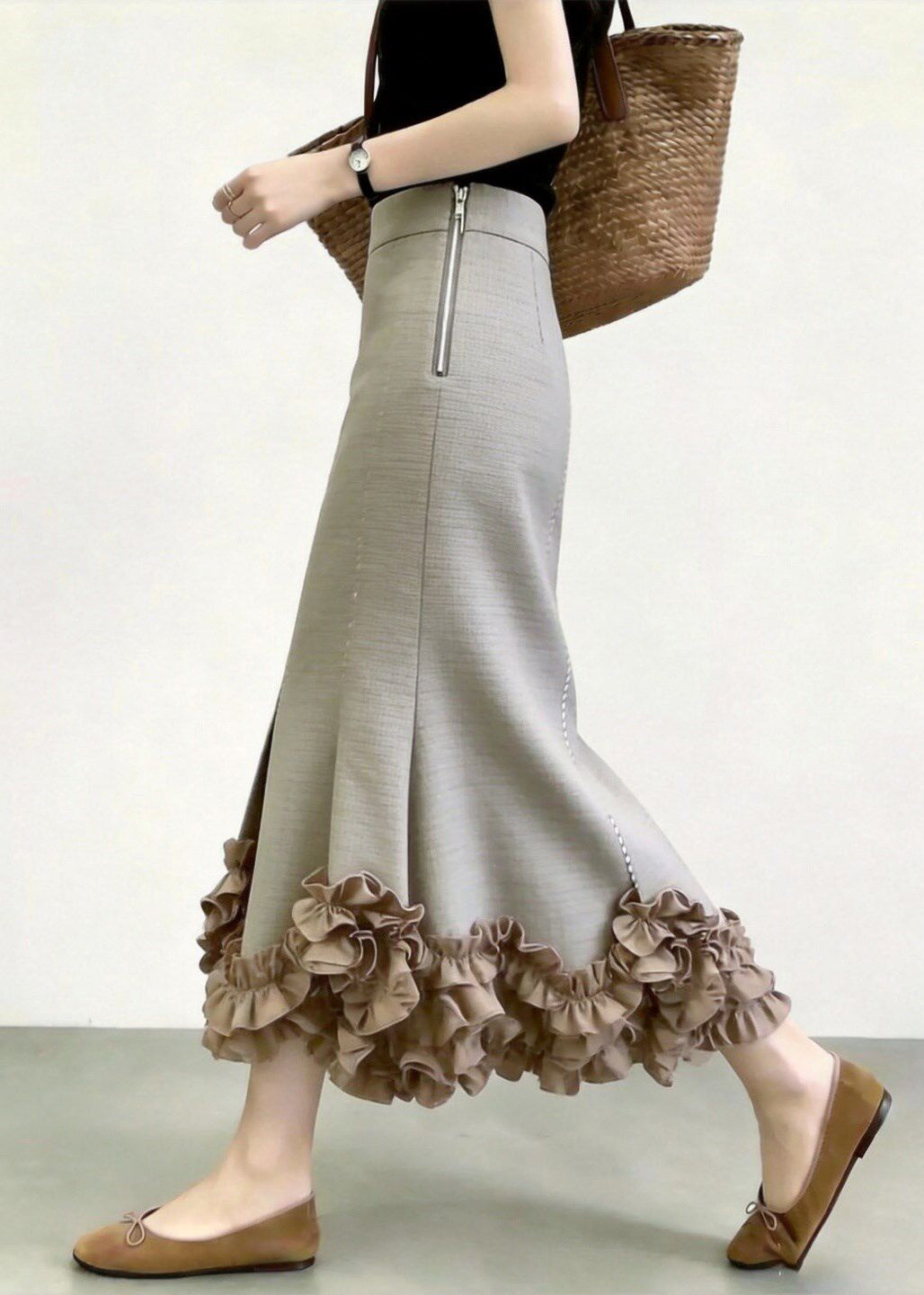 Slim Fit Light Grey Ruffled Side Zipper High Waist Mermaid Skirts Fall
