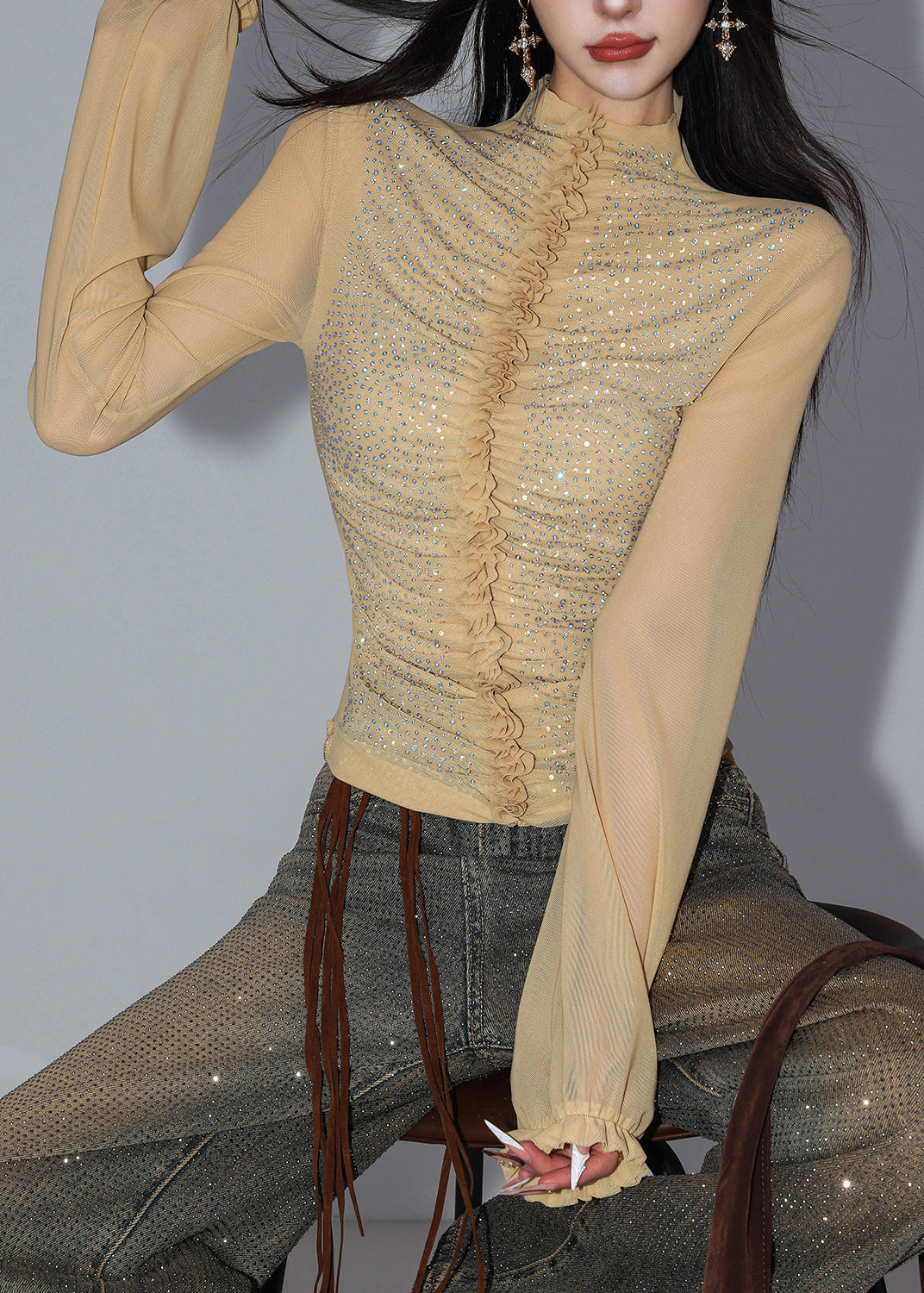 Slim Fit Light Khaki Turtleneck Sequins Patchwork Tulle Shirt Fall