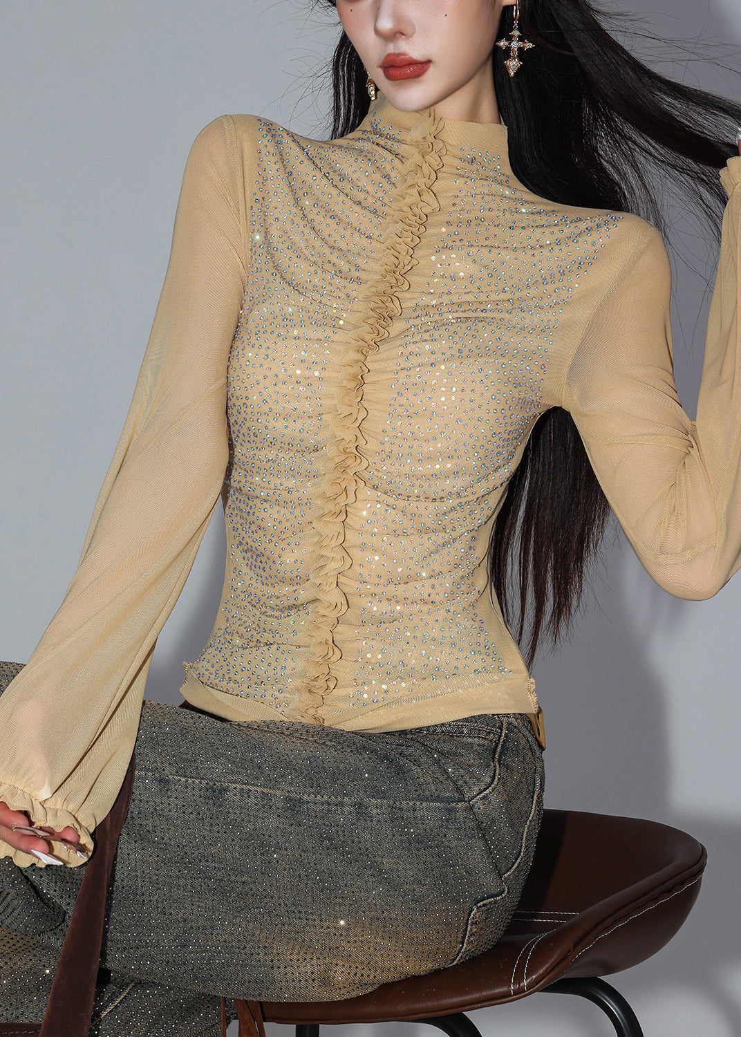Slim Fit Light Khaki Turtleneck Sequins Patchwork Tulle Shirt Fall