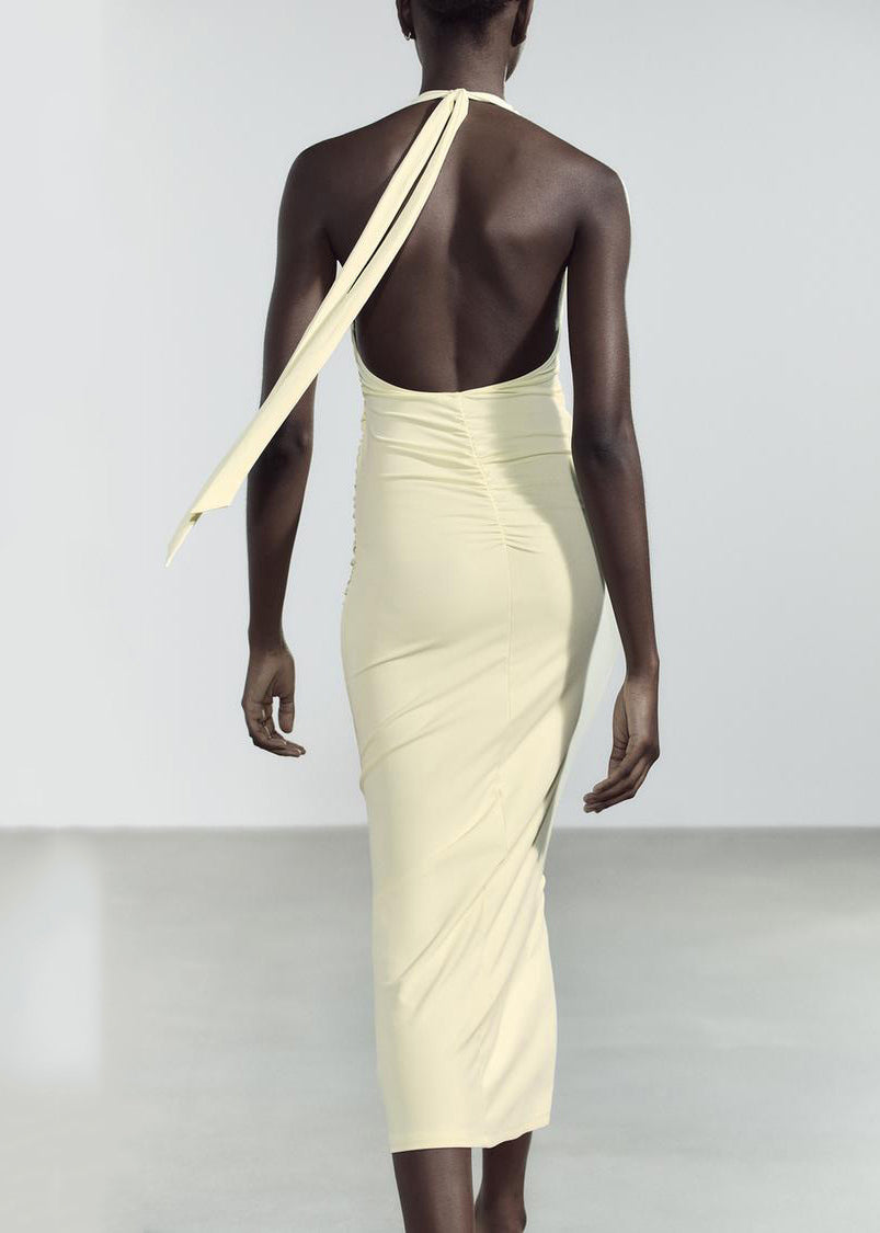 Slim Fit Light Yellow V Neck Backless Cotton Long Dress Sleeveless