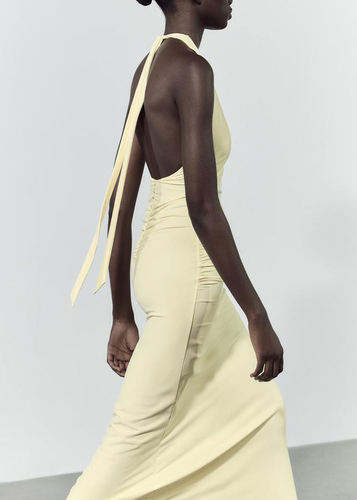 Slim Fit Light Yellow V Neck Backless Cotton Long Dress Sleeveless